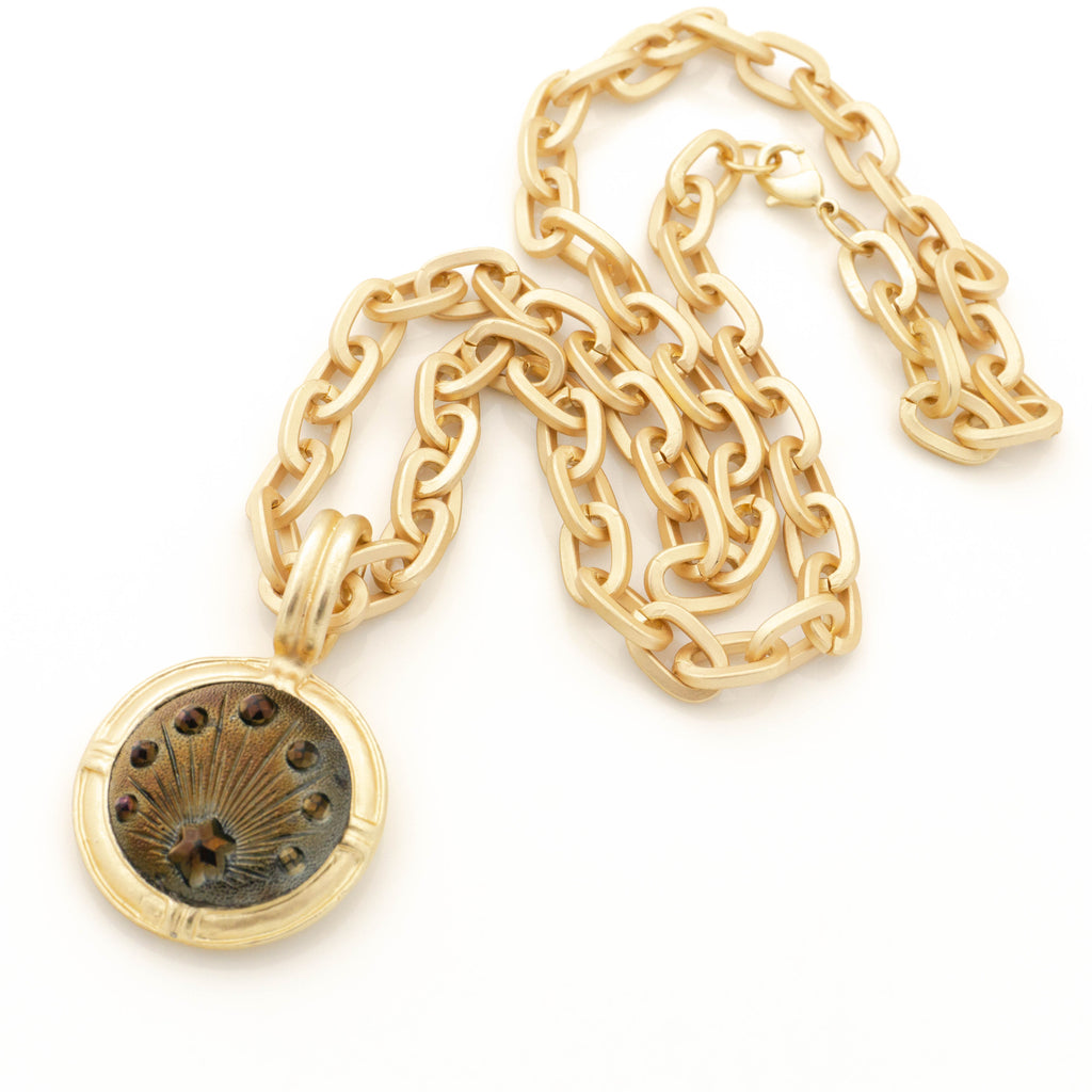 Art Deco Iridescent Carnival Luster Star Glass Button Set in Gold Matte Pendant with Gold Matte Chain