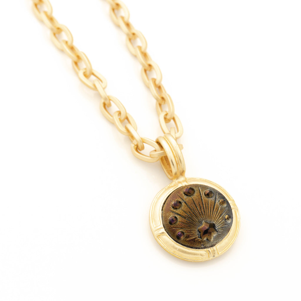 Art Deco Iridescent Carnival Luster Star Glass Button Set in Gold Matte Pendant with Gold Matte Chain