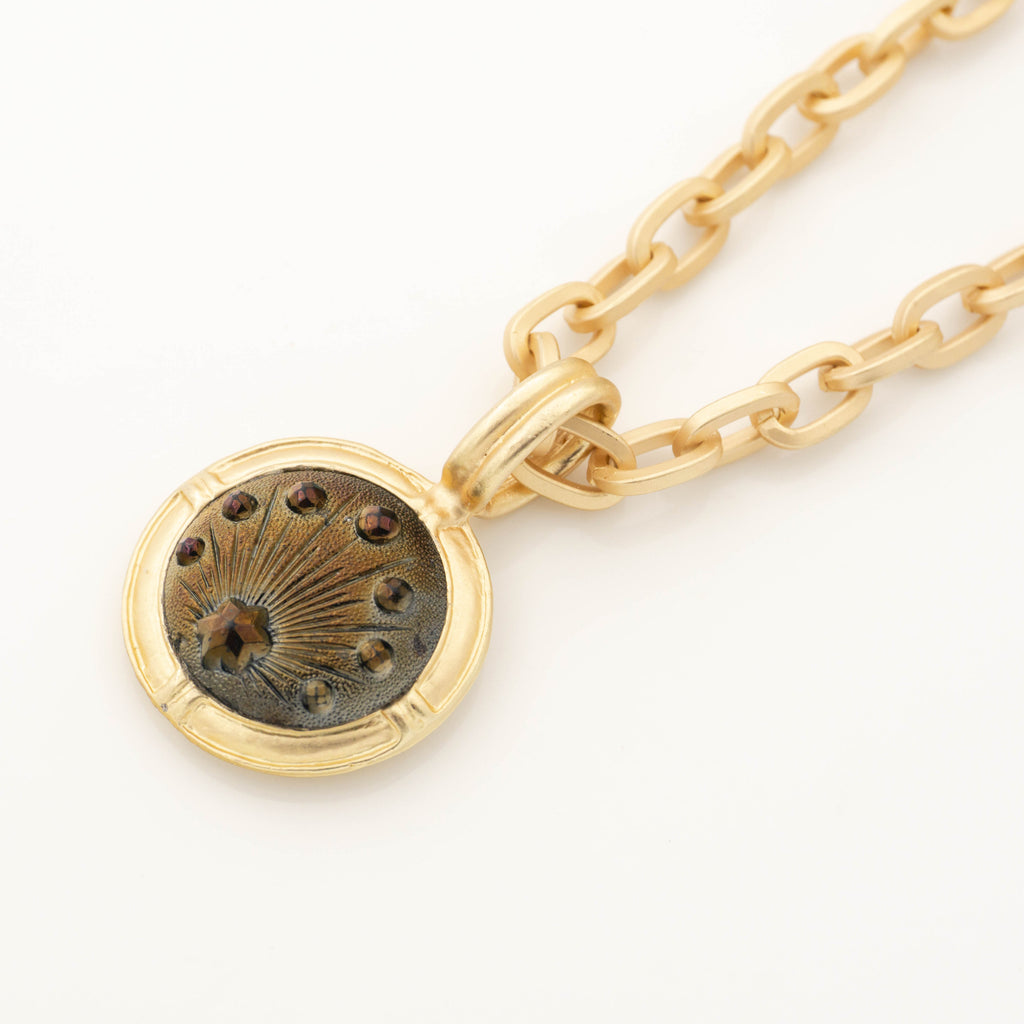 Art Deco Iridescent Carnival Luster Star Glass Button Set in Gold Matte Pendant with Gold Matte Chain