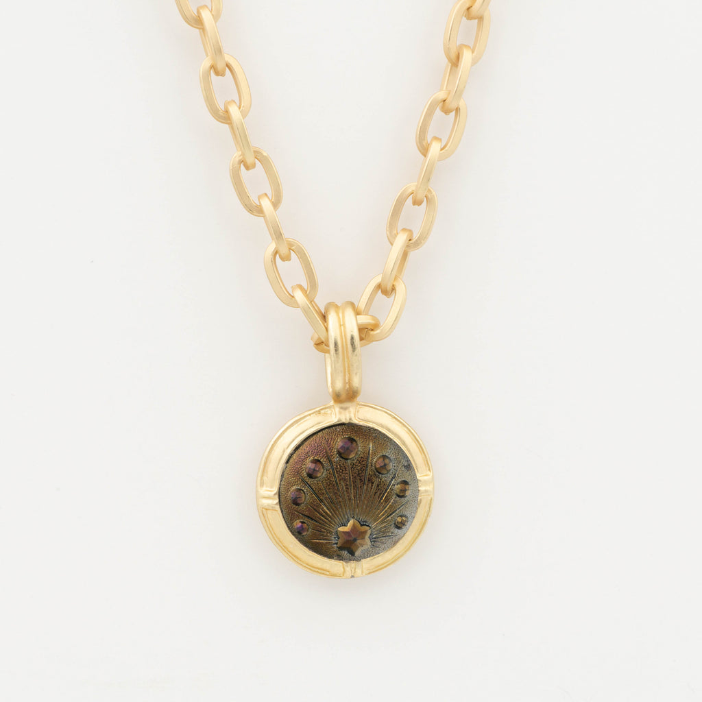 Art Deco Iridescent Carnival Luster Star Glass Button Set in Gold Matte Pendant with Gold Matte Chain