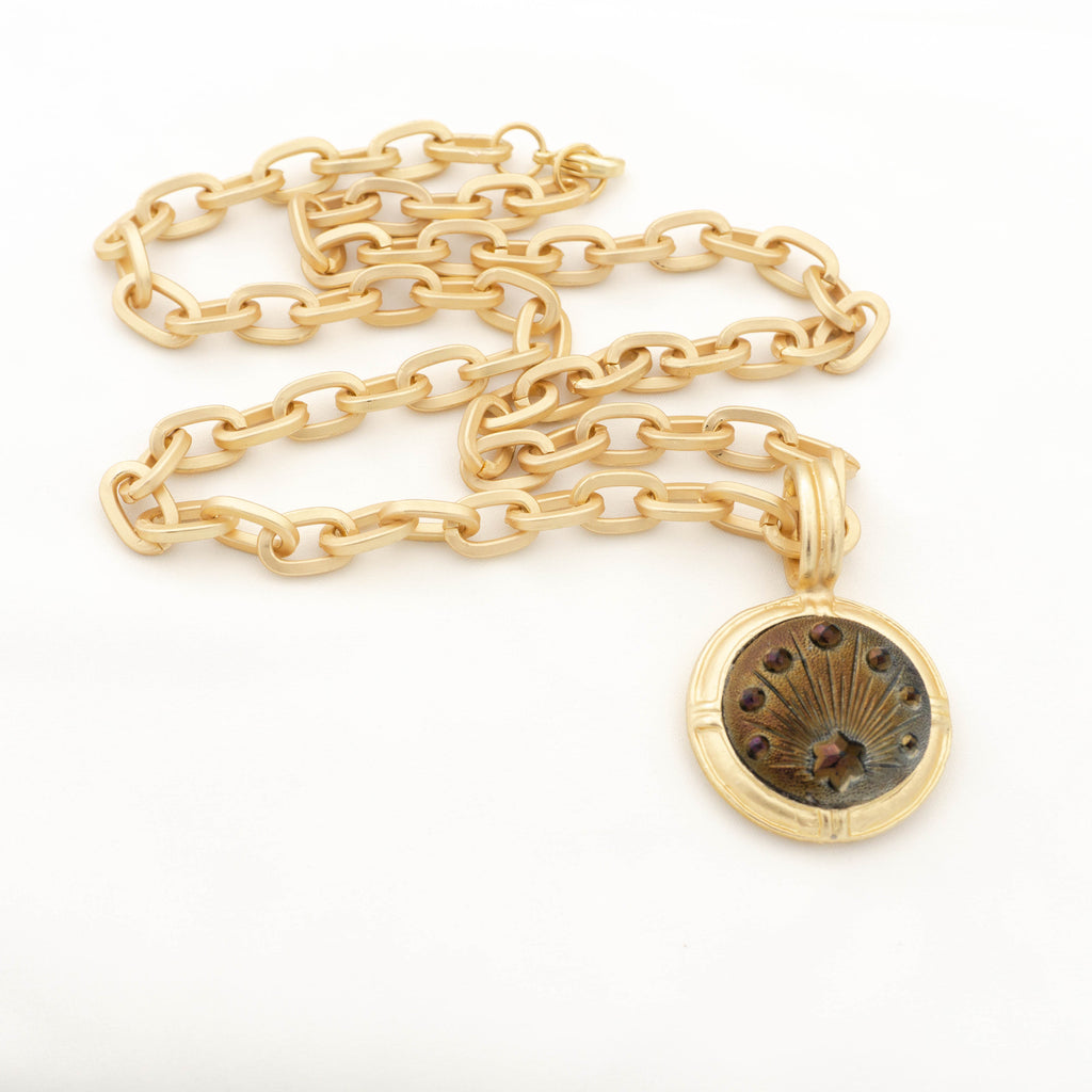 Art Deco Iridescent Carnival Luster Star Glass Button Set in Gold Matte Pendant with Gold Matte Chain