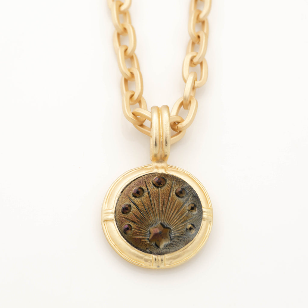 Art Deco Iridescent Carnival Luster Star Glass Button Set in Gold Matte Pendant with Gold Matte Chain