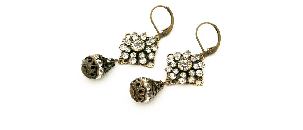 Swarovski crystal earrings with antique brass crystal drops