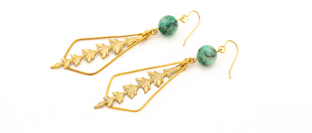 Gold boho earrings with Amazonite gemstones and gold metal feathers