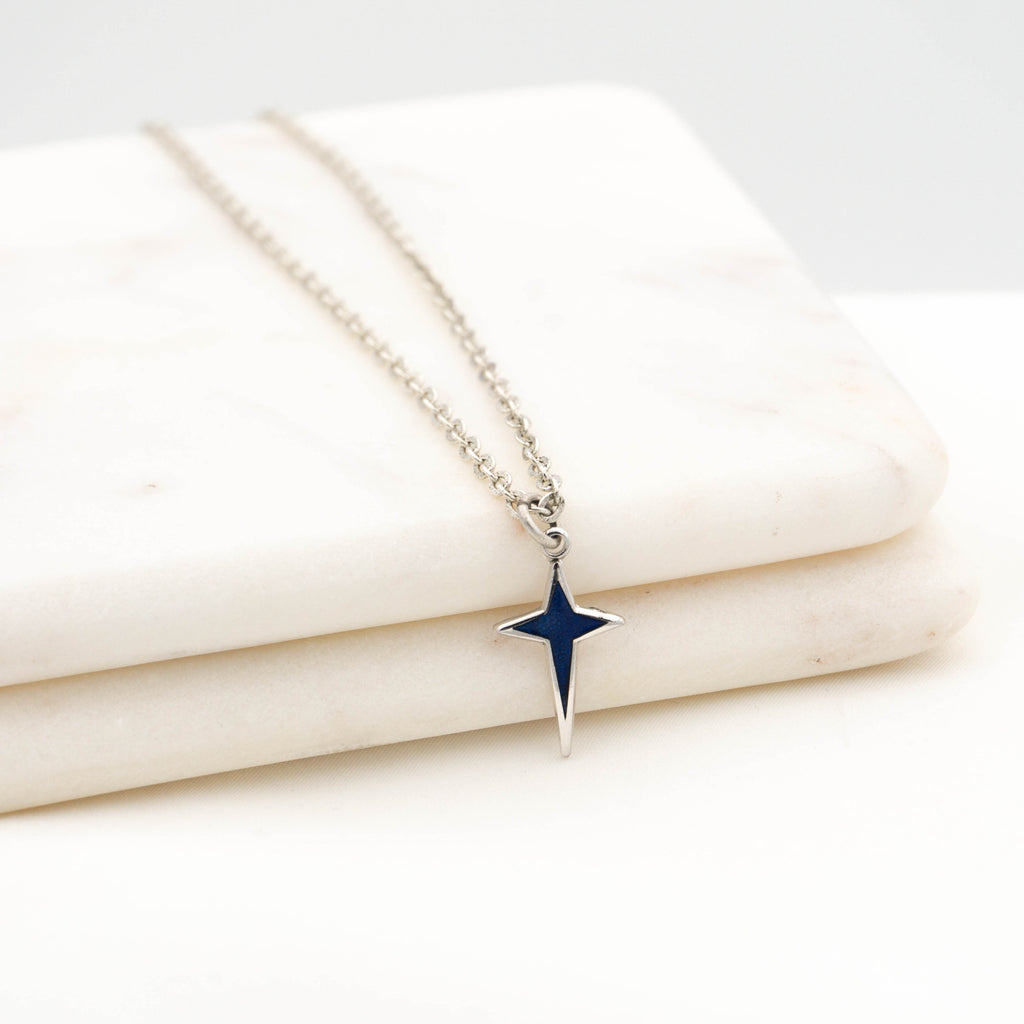 Vintage Dainty Blue Silver Star Charm Necklace on antique silver plated chain