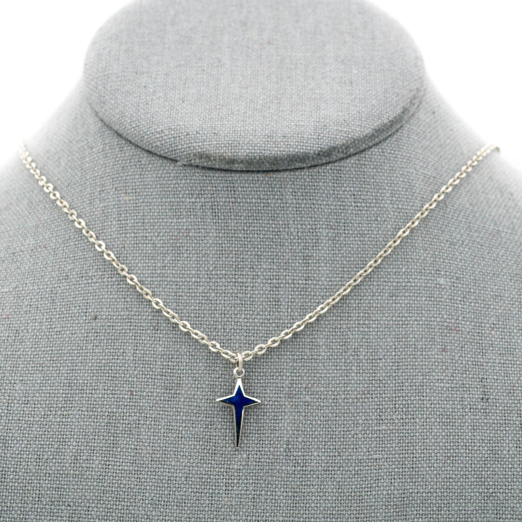 Vintage Dainty Blue Silver Star Necklace on antique silver plated chain