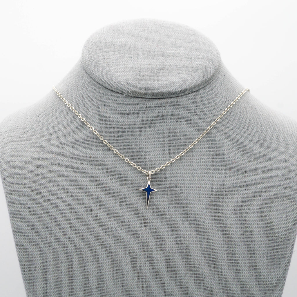 Vintage Dainty Blue Silver Star Necklace on antique silver plated chain