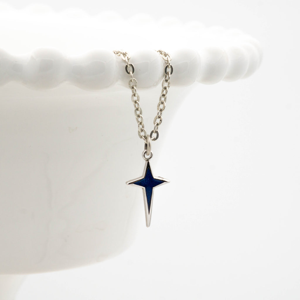 Vintage Dainty Blue Silver Star Necklace on antique silver plated chain