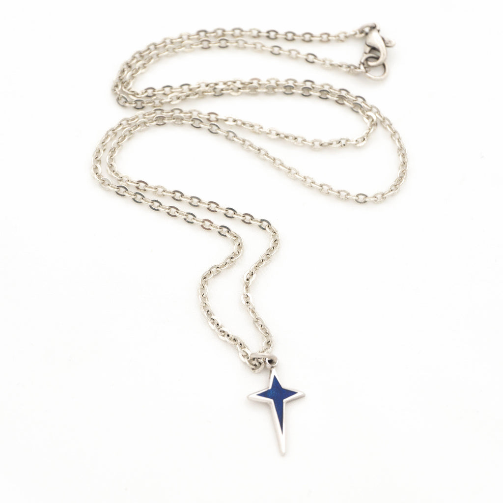 Vintage Dainty Blue Silver Star Necklace on antique silver plated chain