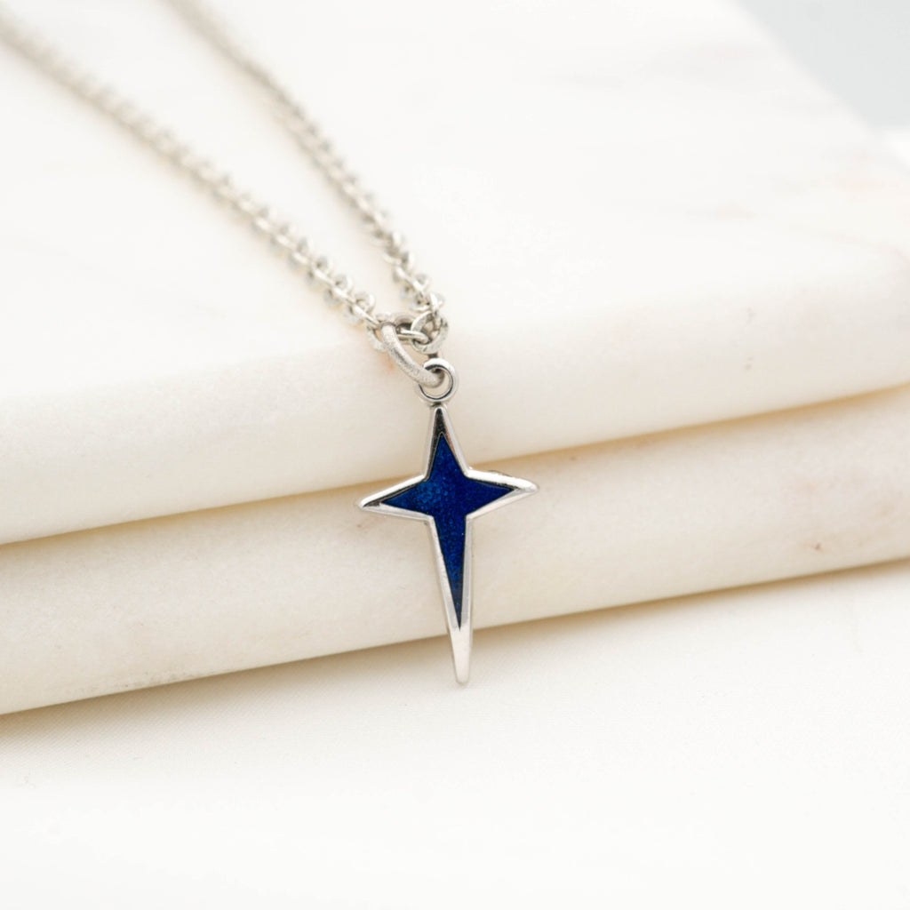 Vintage Dainty Blue Silver Star Charm Necklace on antique silver plated chain