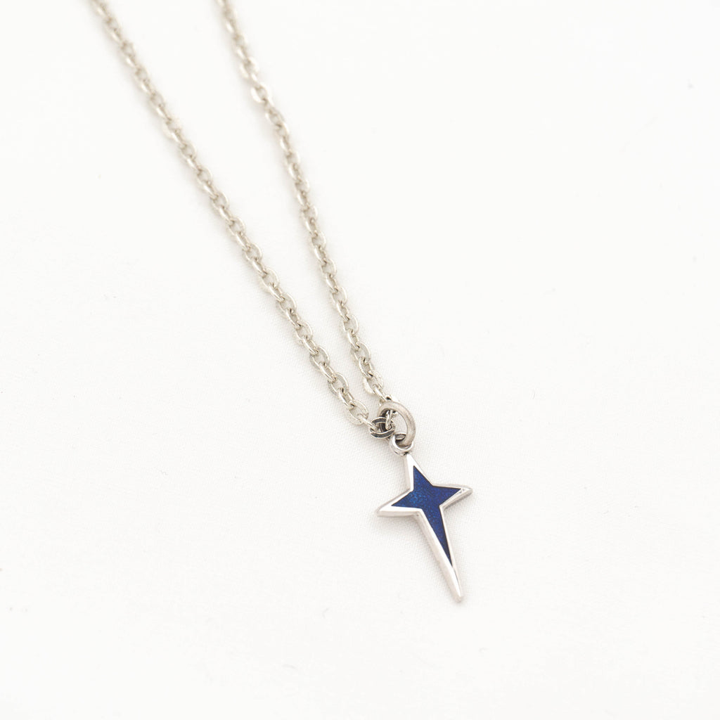 Vintage Dainty Blue Silver Star Charm Necklace on antique silver plated chain