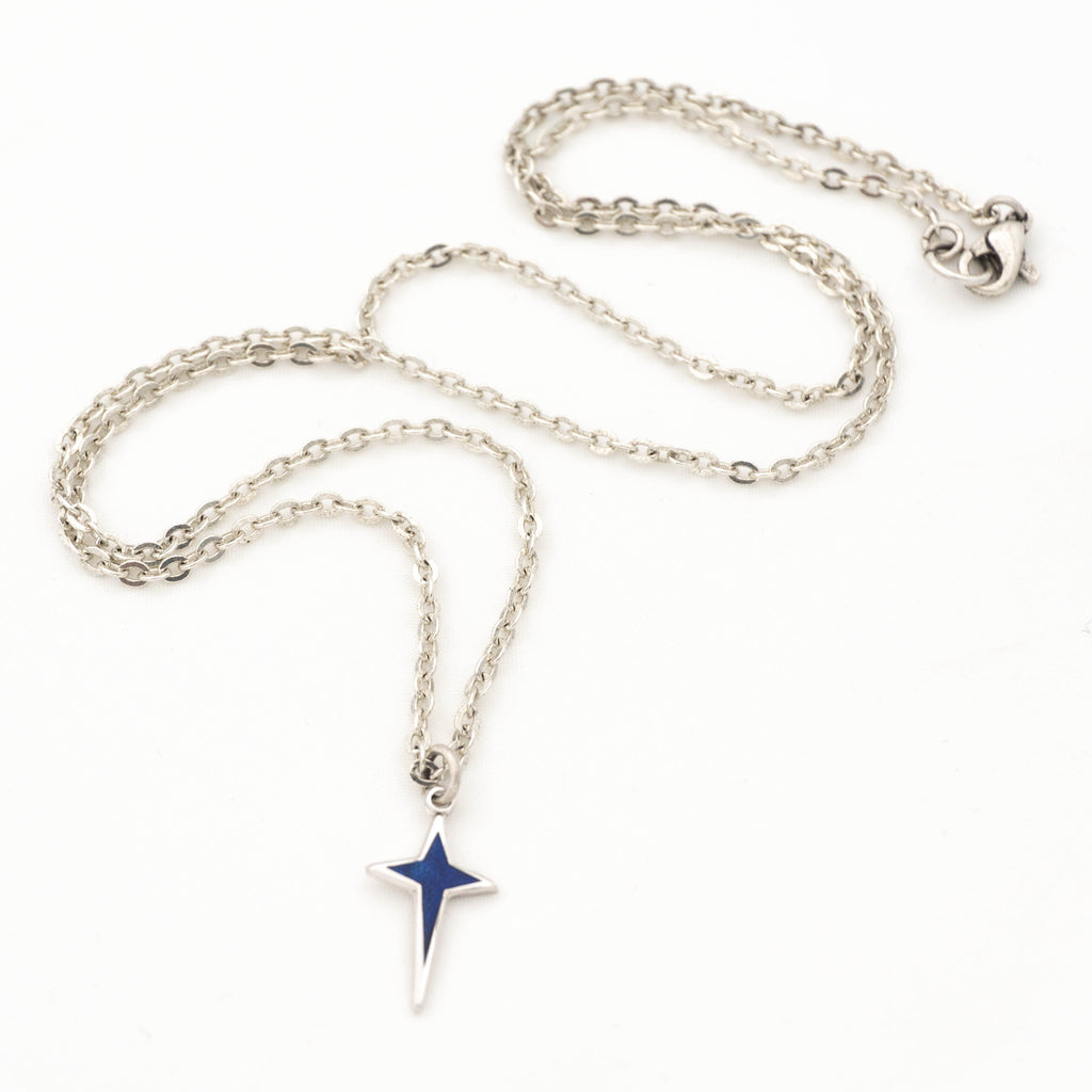 Vintage Dainty Blue Silver Star Necklace on antique silver plated chain