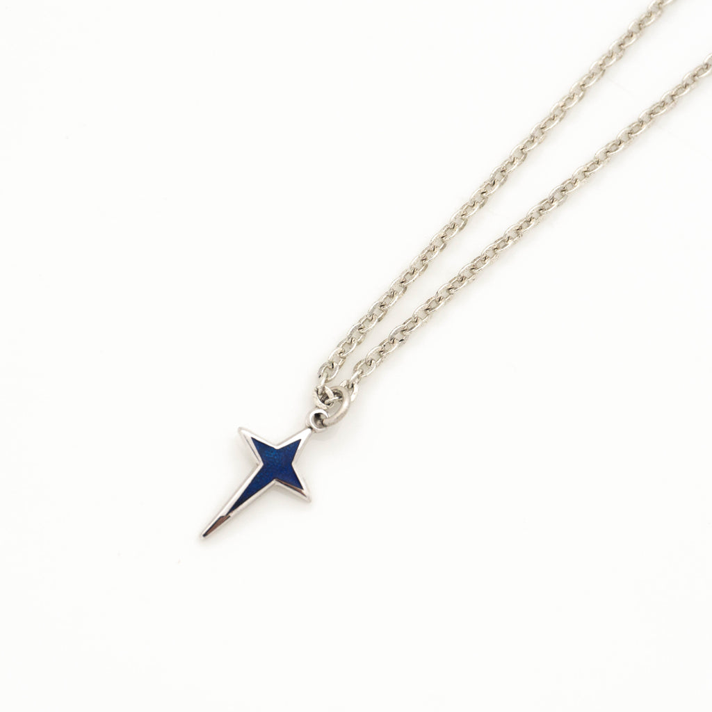 Vintage Dainty Blue Silver Star Charm Necklace on antique silver plated chain