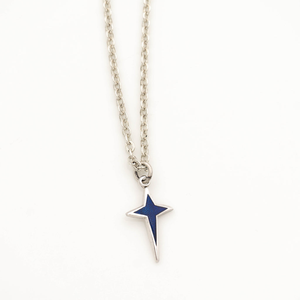 Vintage Dainty Blue Silver Star Charm Necklace on antique silver plated chain