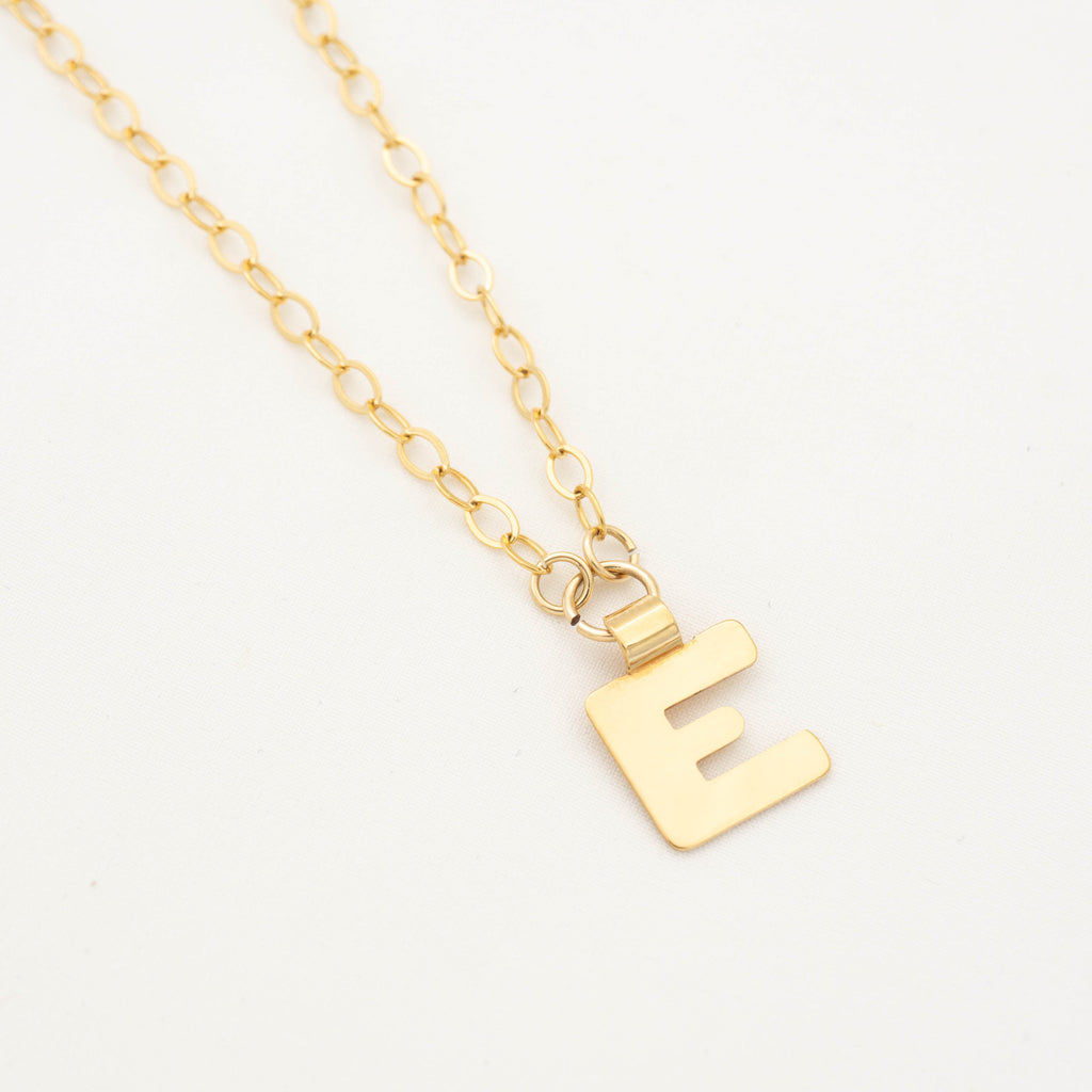 Gold initial necklace letter E