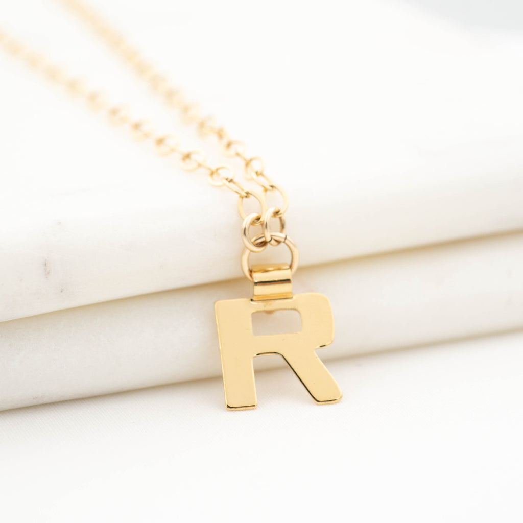 Gold initial necklace Letter R