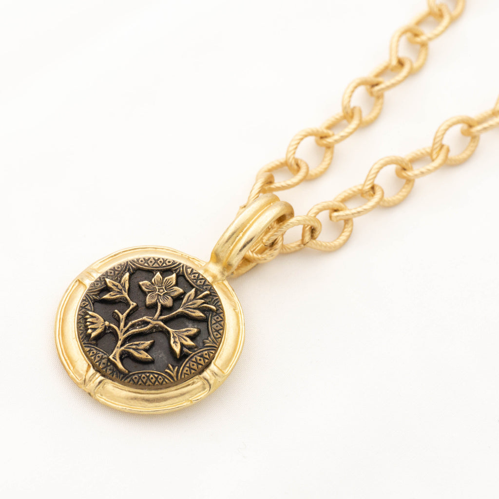 Large Gold Pendant Necklace with Antique Metal Picture Button in Flower Design