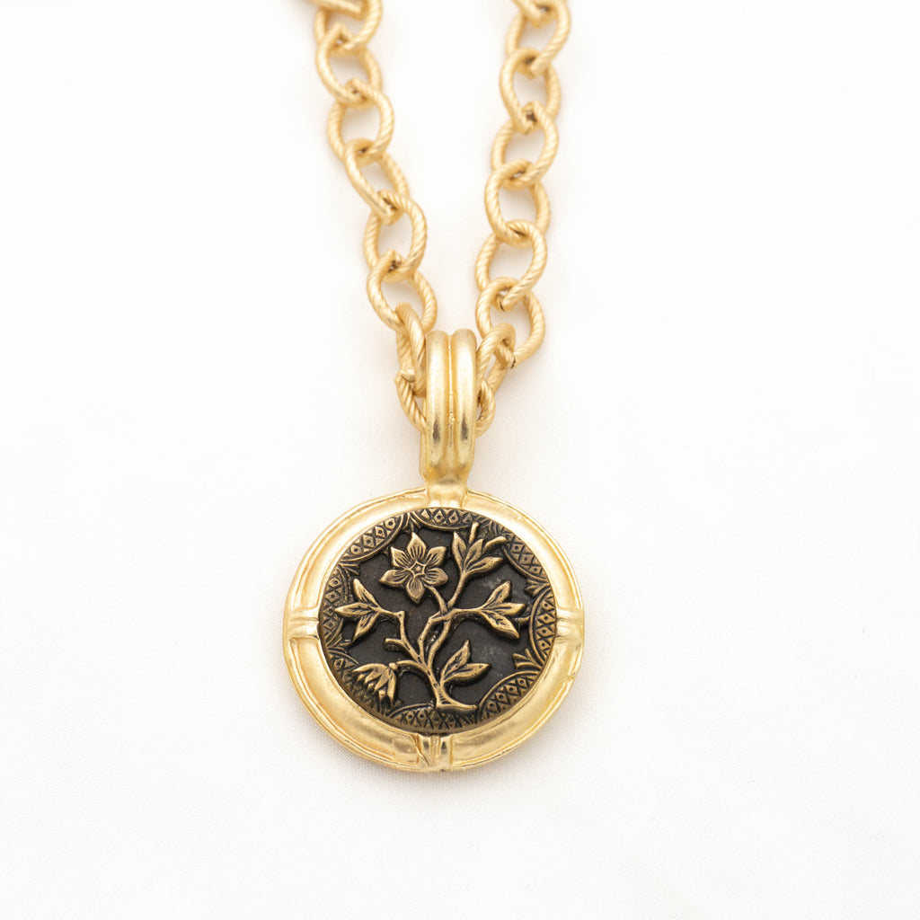 Large Gold Pendant Necklace with Antique Metal Picture Button in Flower Design