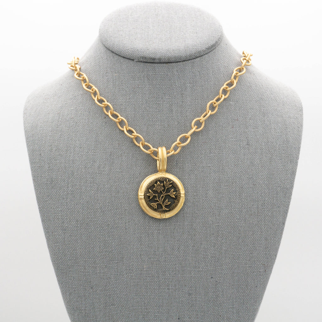 Large Gold Pendant Necklace with Antique Metal Picture Button in Flower Design