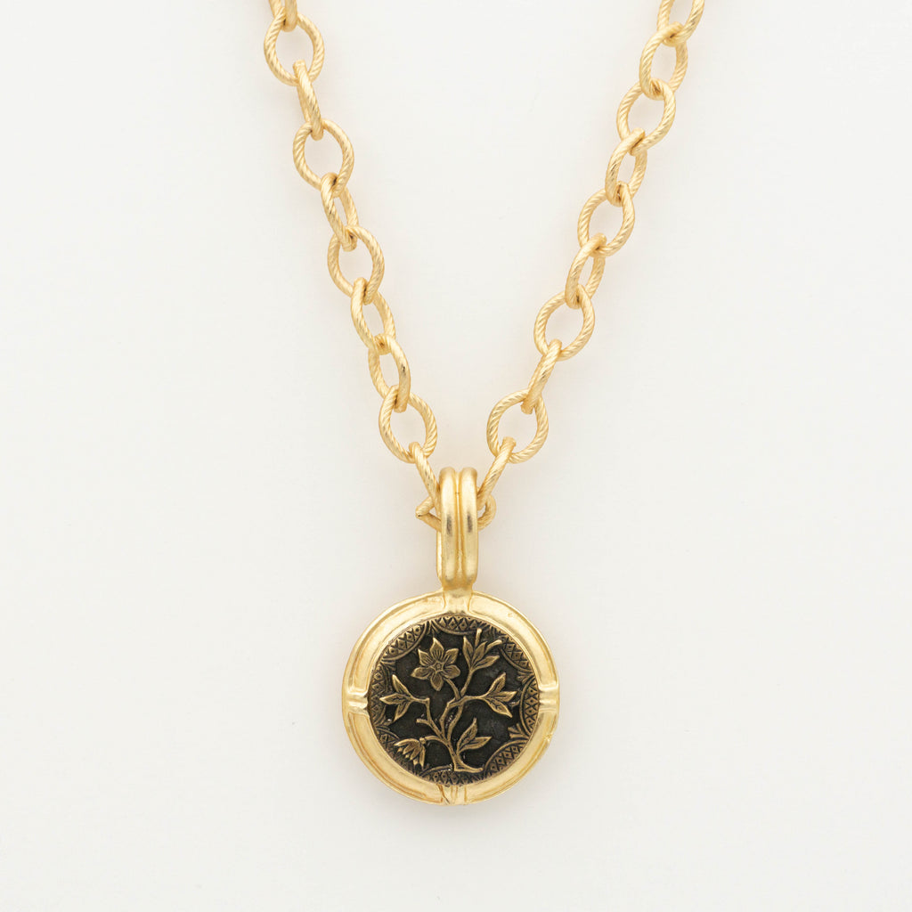 Large Gold Pendant Necklace with Antique Metal Picture Button in Flower Design