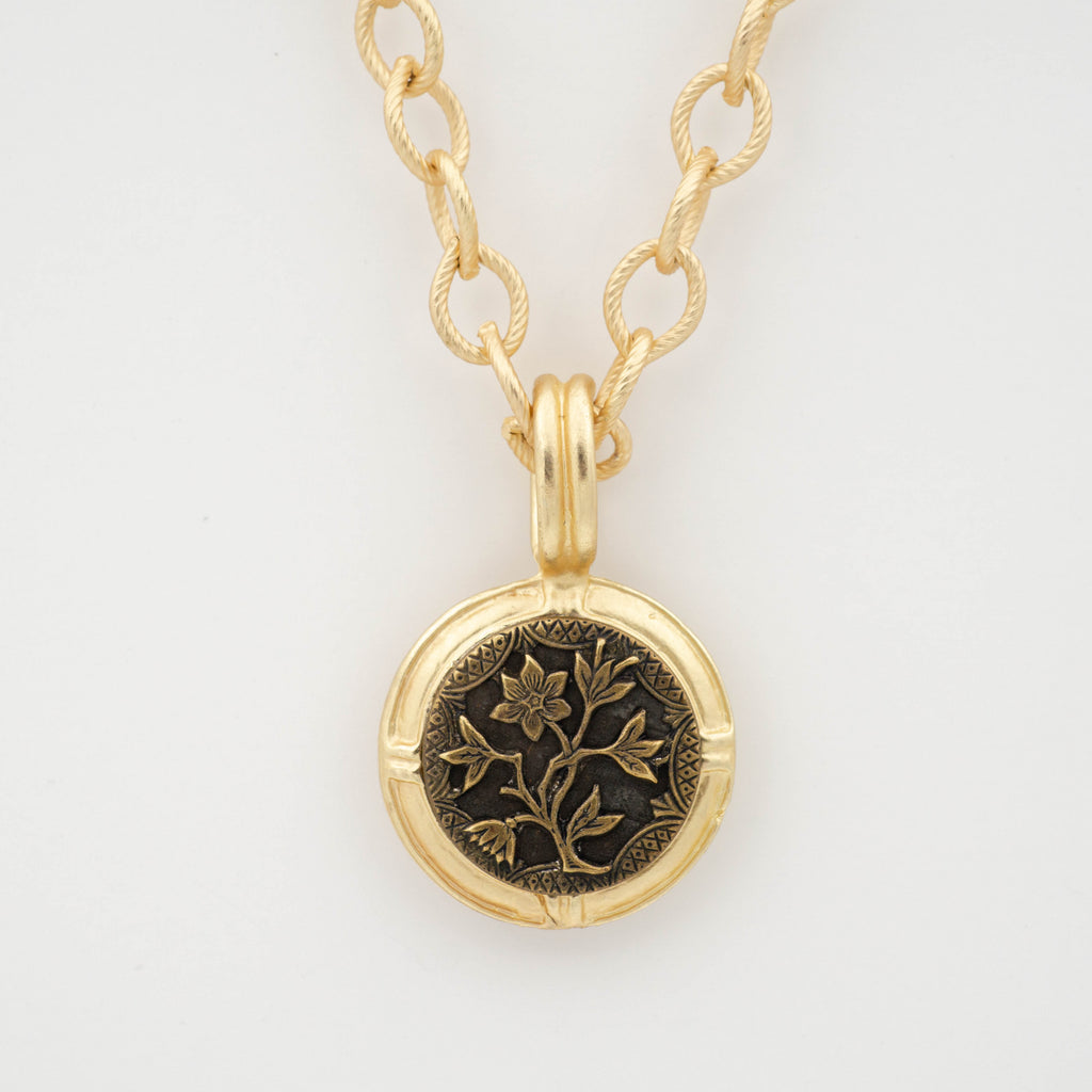 Large Gold Pendant Necklace with Antique Metal Picture Button in Flower Design