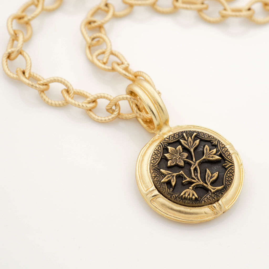 Large Gold Pendant Necklace with Antique Metal Picture Button in Flower Design