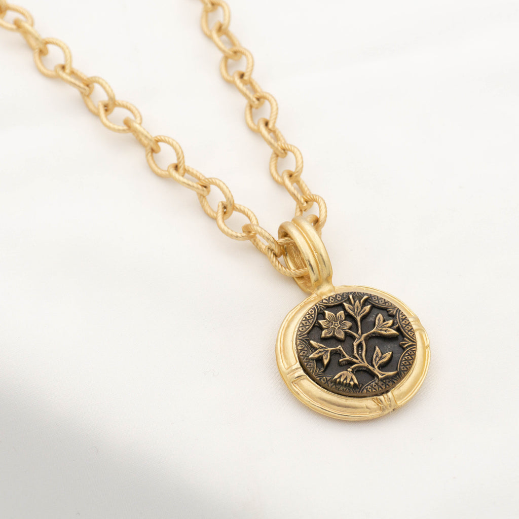 Large Gold Pendant Necklace with Antique Metal Picture Button in Flower Design