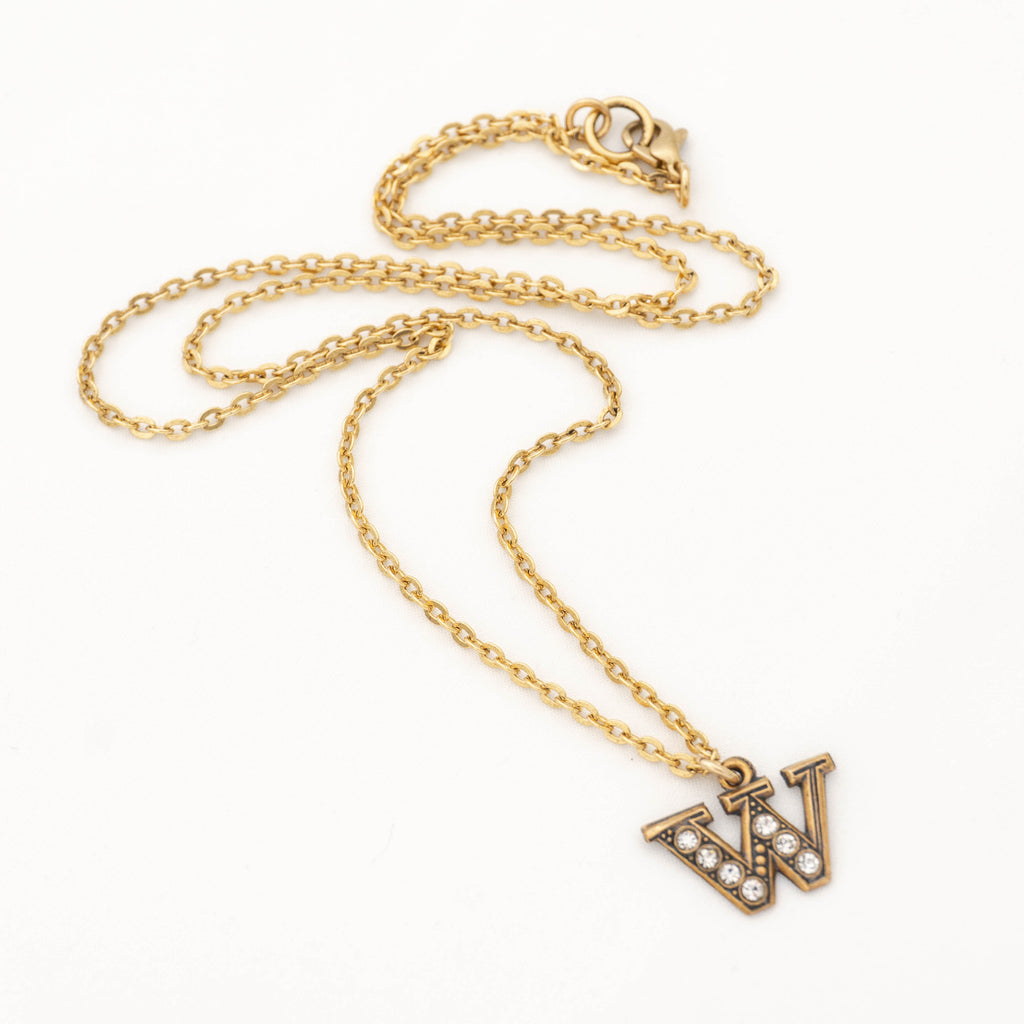 Pave Initial Necklace with Gold Letter W