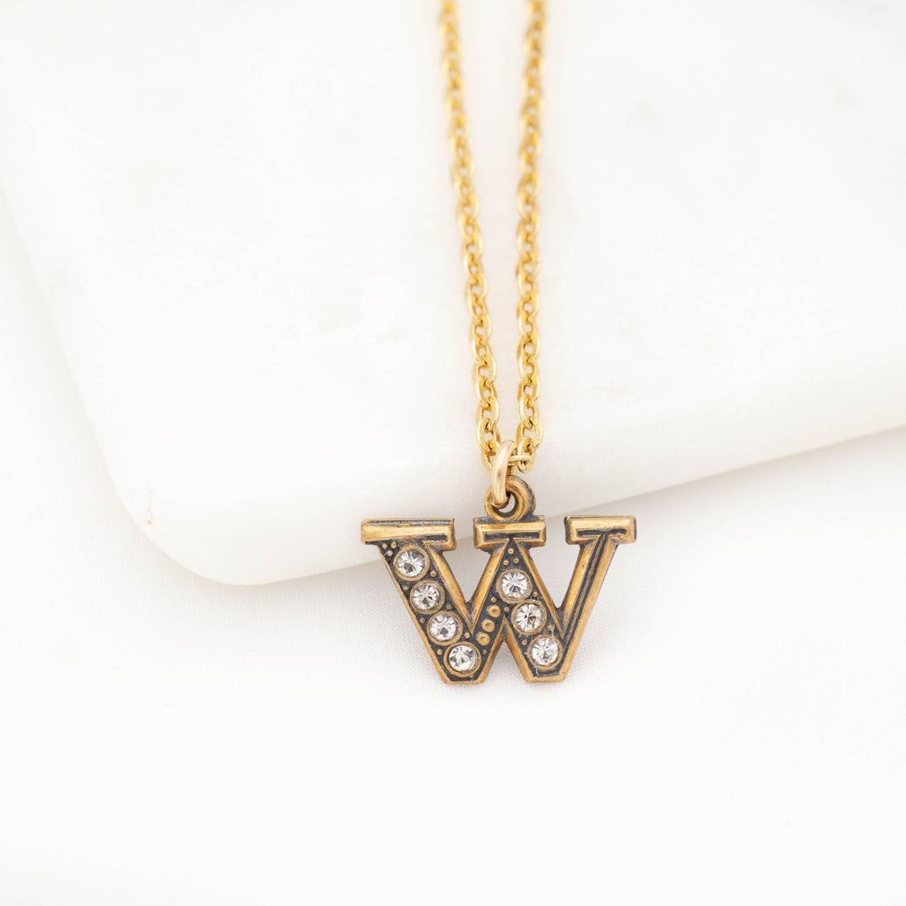 Pave Initial Necklace with Gold Letter W