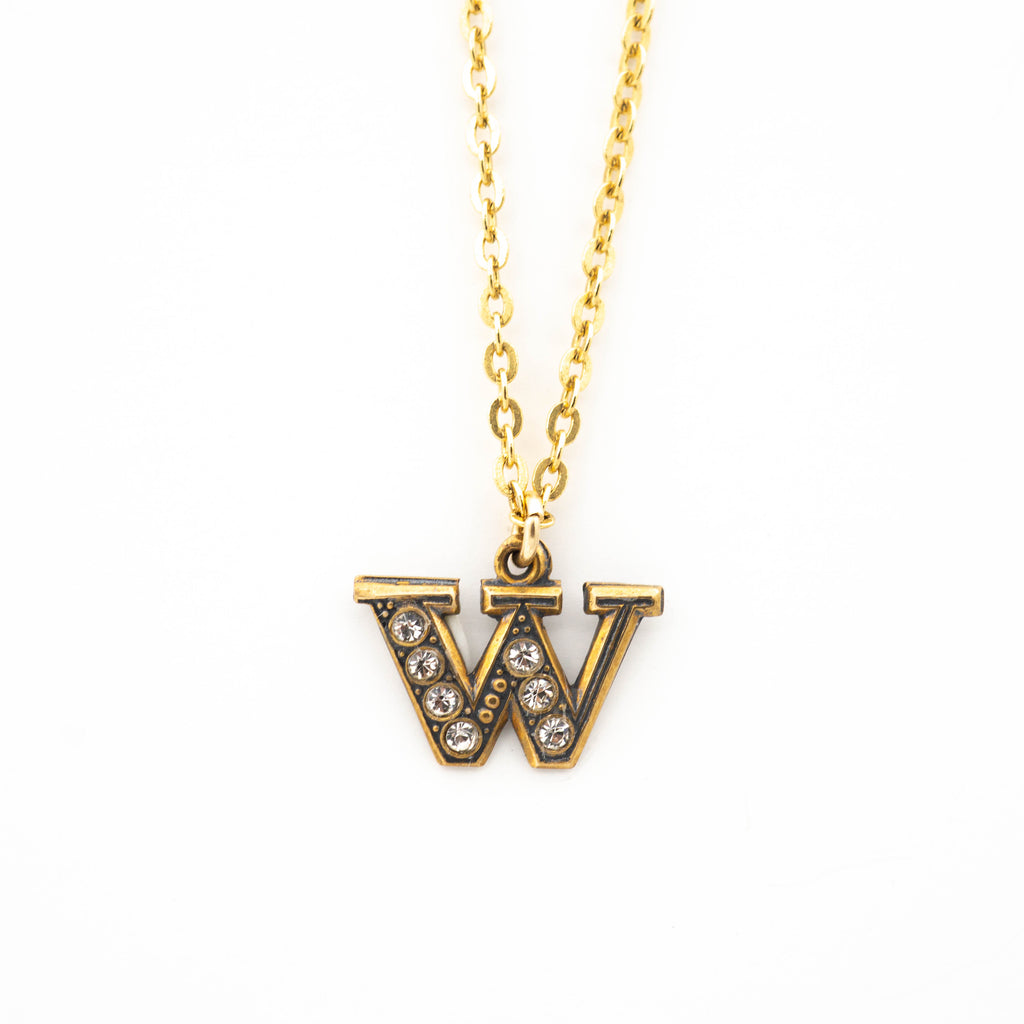 Pave Initial Necklace with Gold Letter W