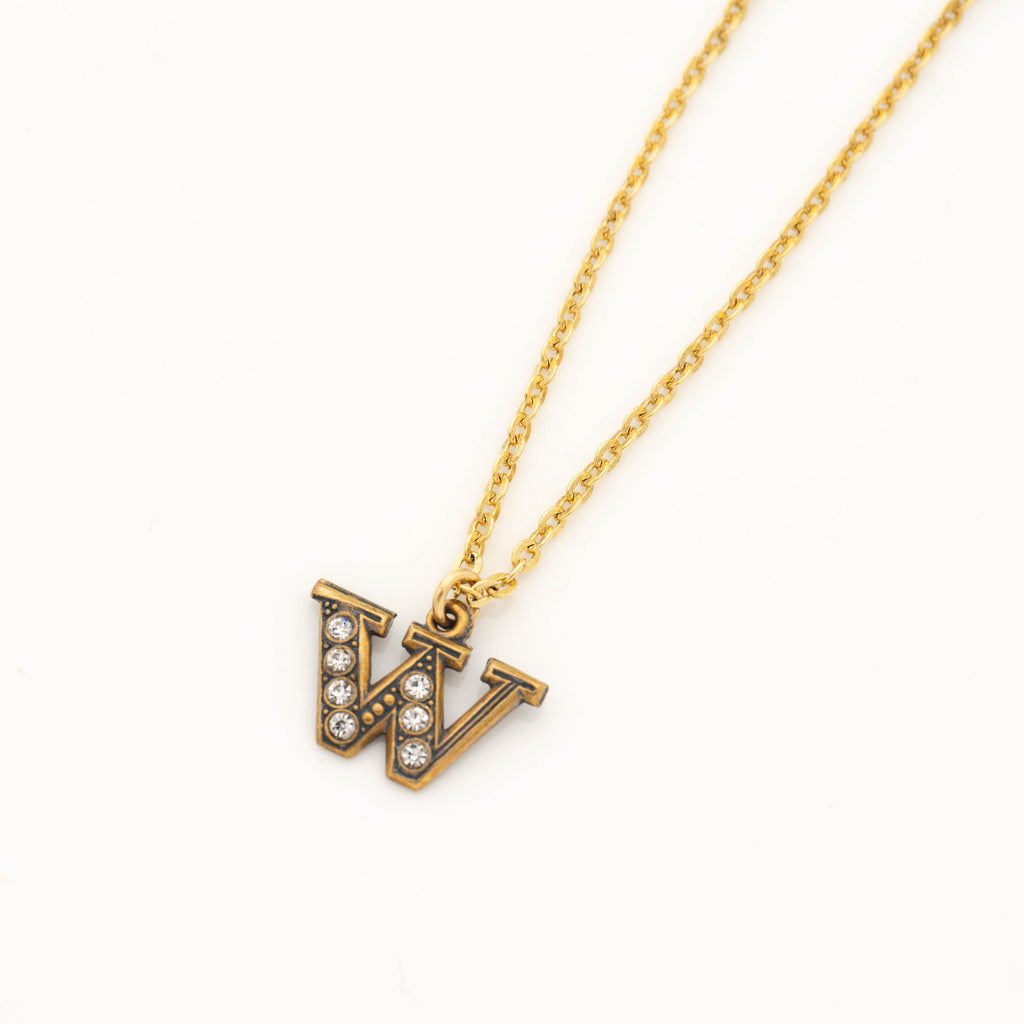 Pave Initial Necklace with Gold Letter W