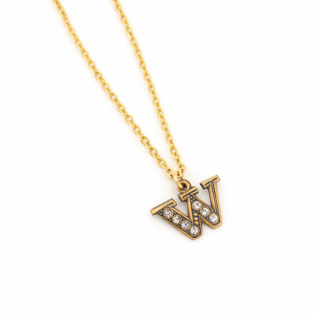 Pave Initial Necklace with Gold Letter W