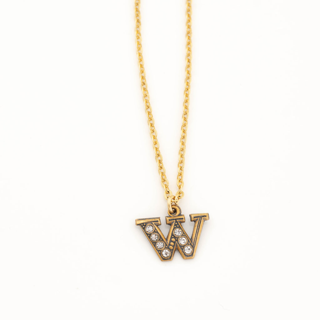 Pave Initial Necklace with Gold Letter W