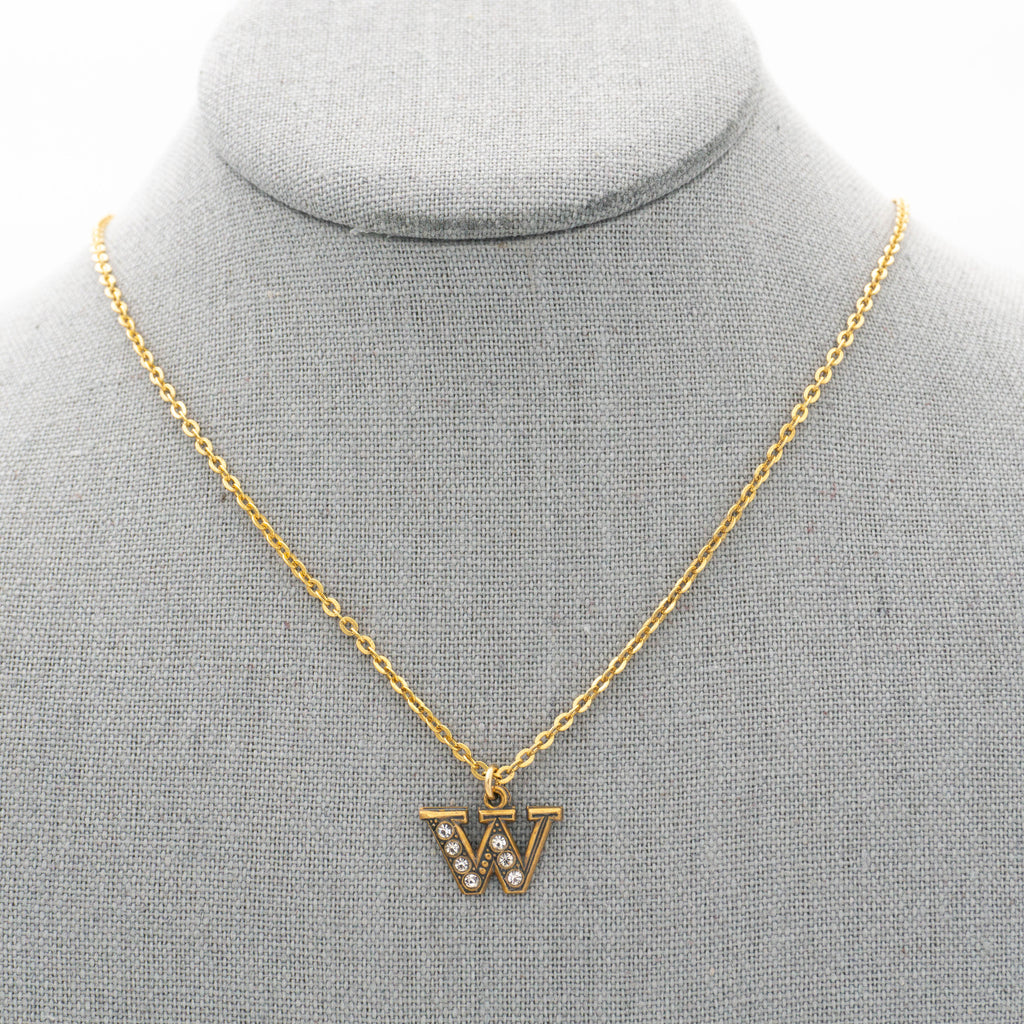 Pave Initial Necklace with Gold Letter W