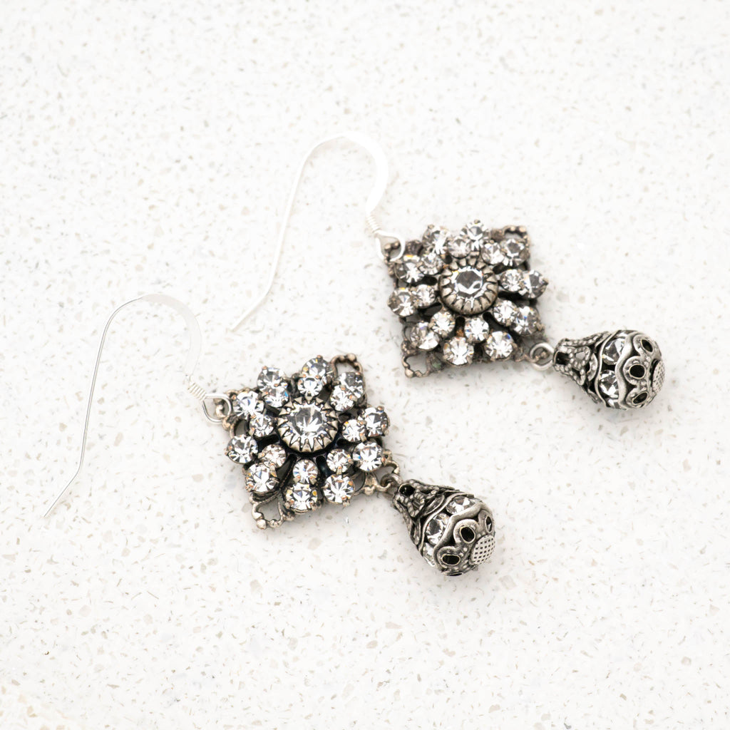 Antique Silver Swarovski Crystal Earrings with Crystal Drops