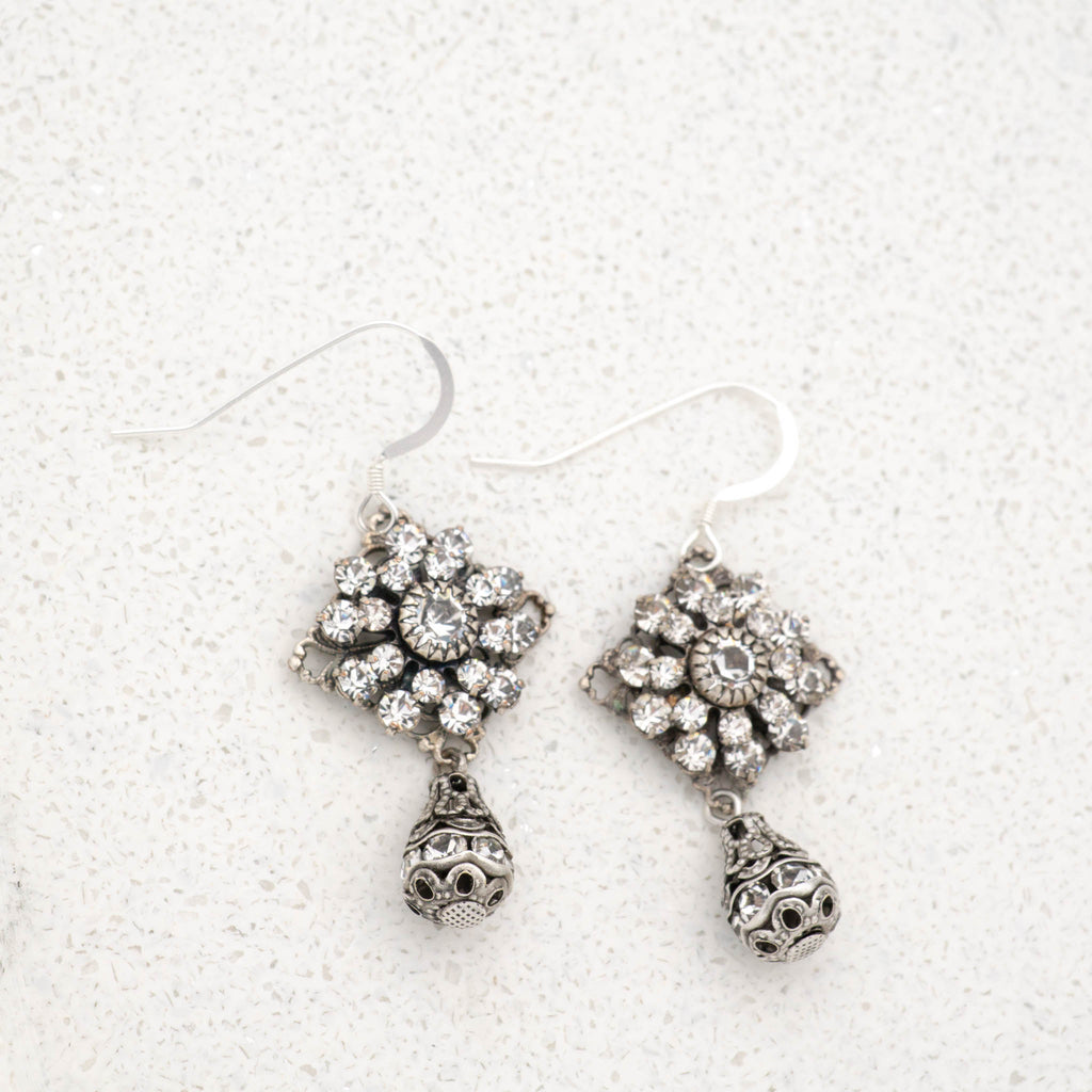 Antique Silver Swarovski Crystal Earrings with Crystal Drops