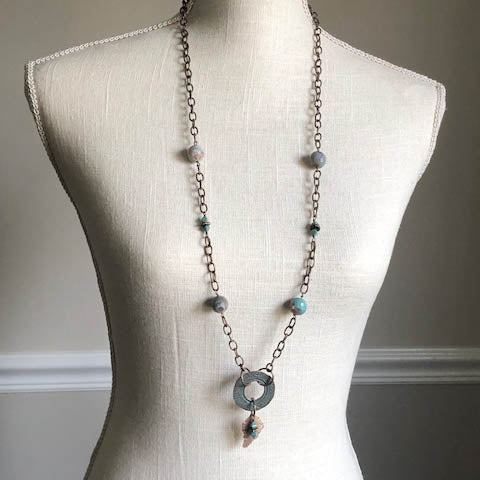 Turquoise Blue Agate Necklace with Long Brass Chain