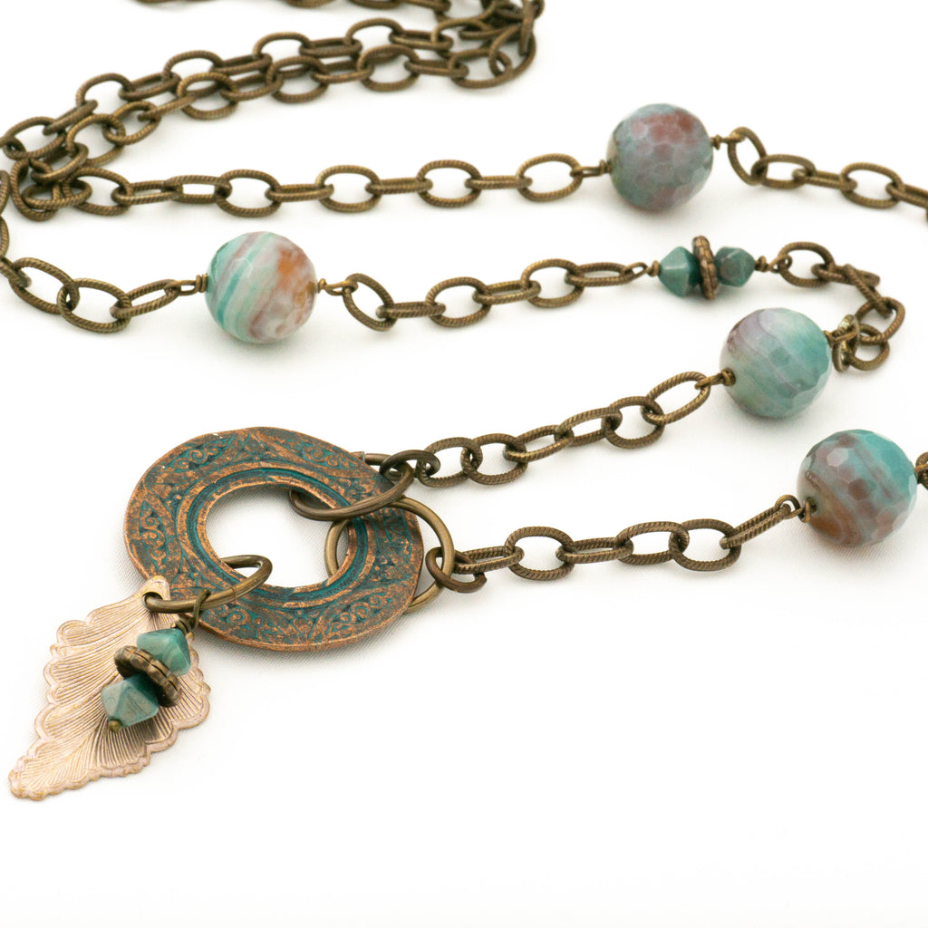 Turquoise Blue Agate Necklace with Long Brass Chain