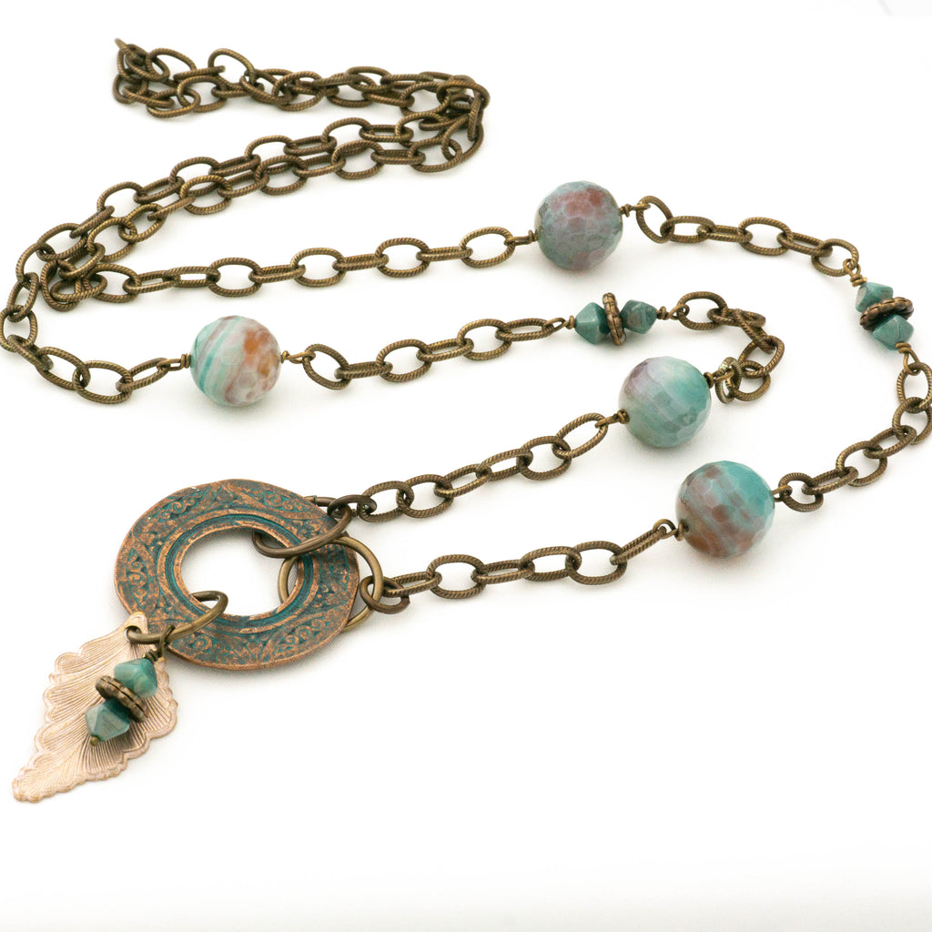 Agate Gemstone Necklace with Brass Chain Boho Jewelry