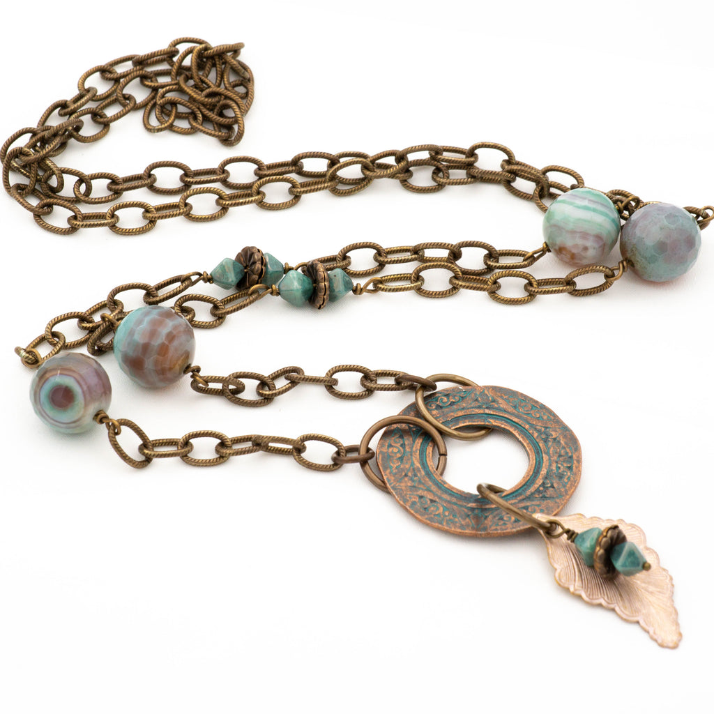 Boho Necklace with Agate Gemstones and Copper Leaf Charm