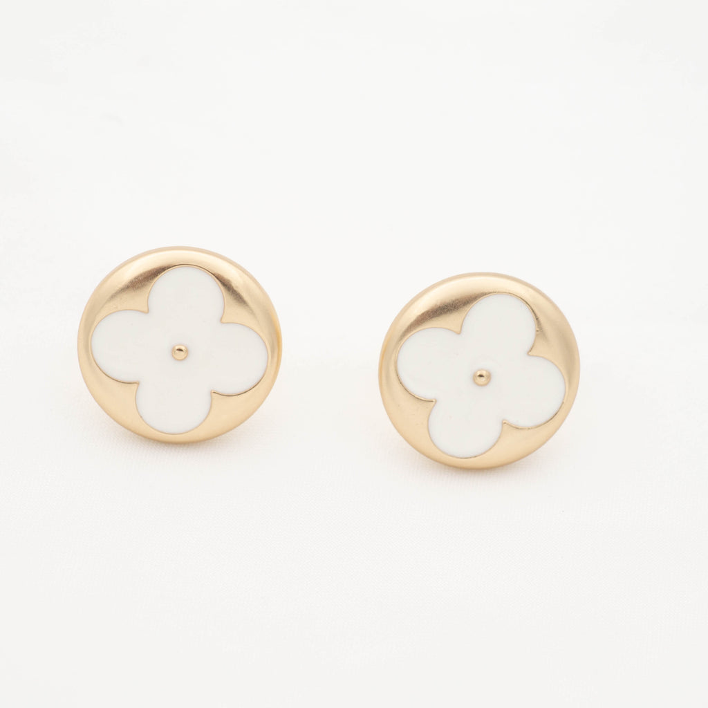 Repurposed Designer Jewelry Louis Vuitton Button Earrings with White Blossoms