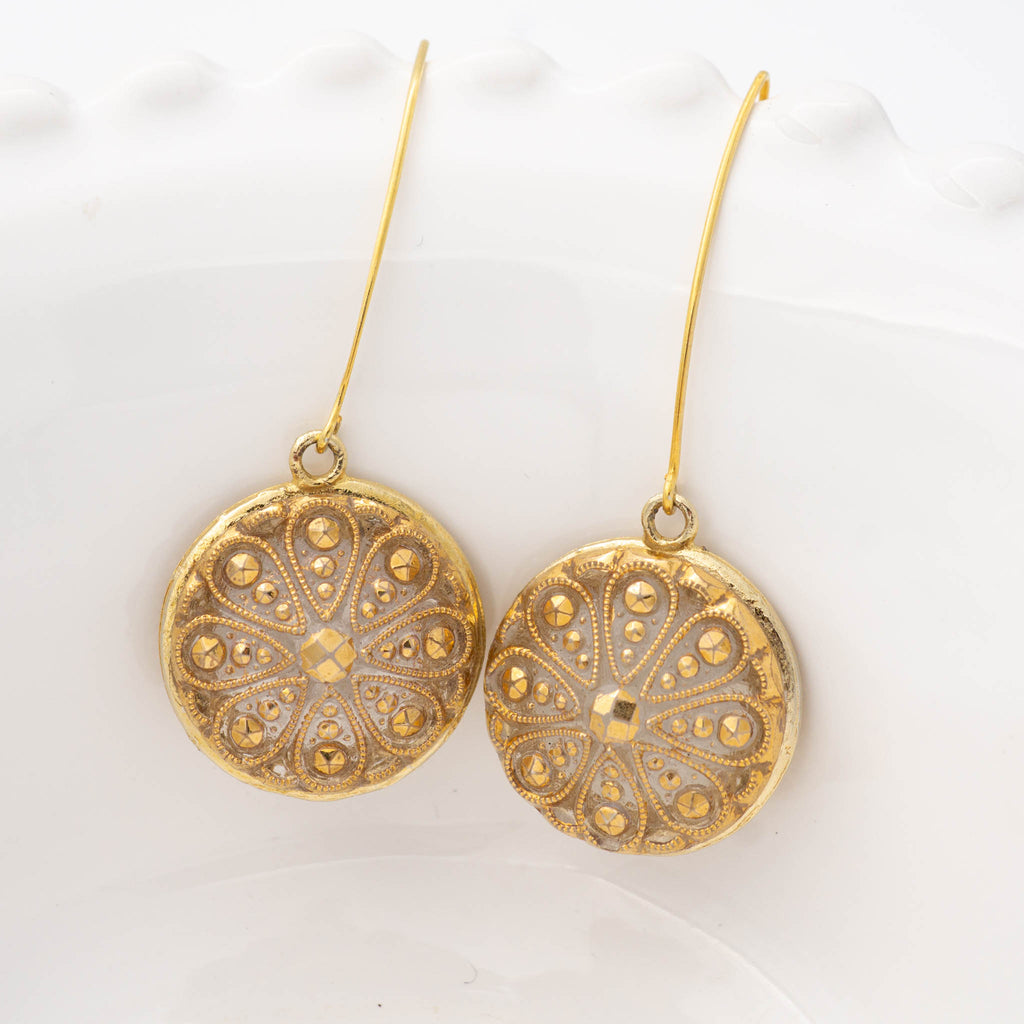 Gold Button Earrings Vintage with Long Gold Vermeil Ear Wires