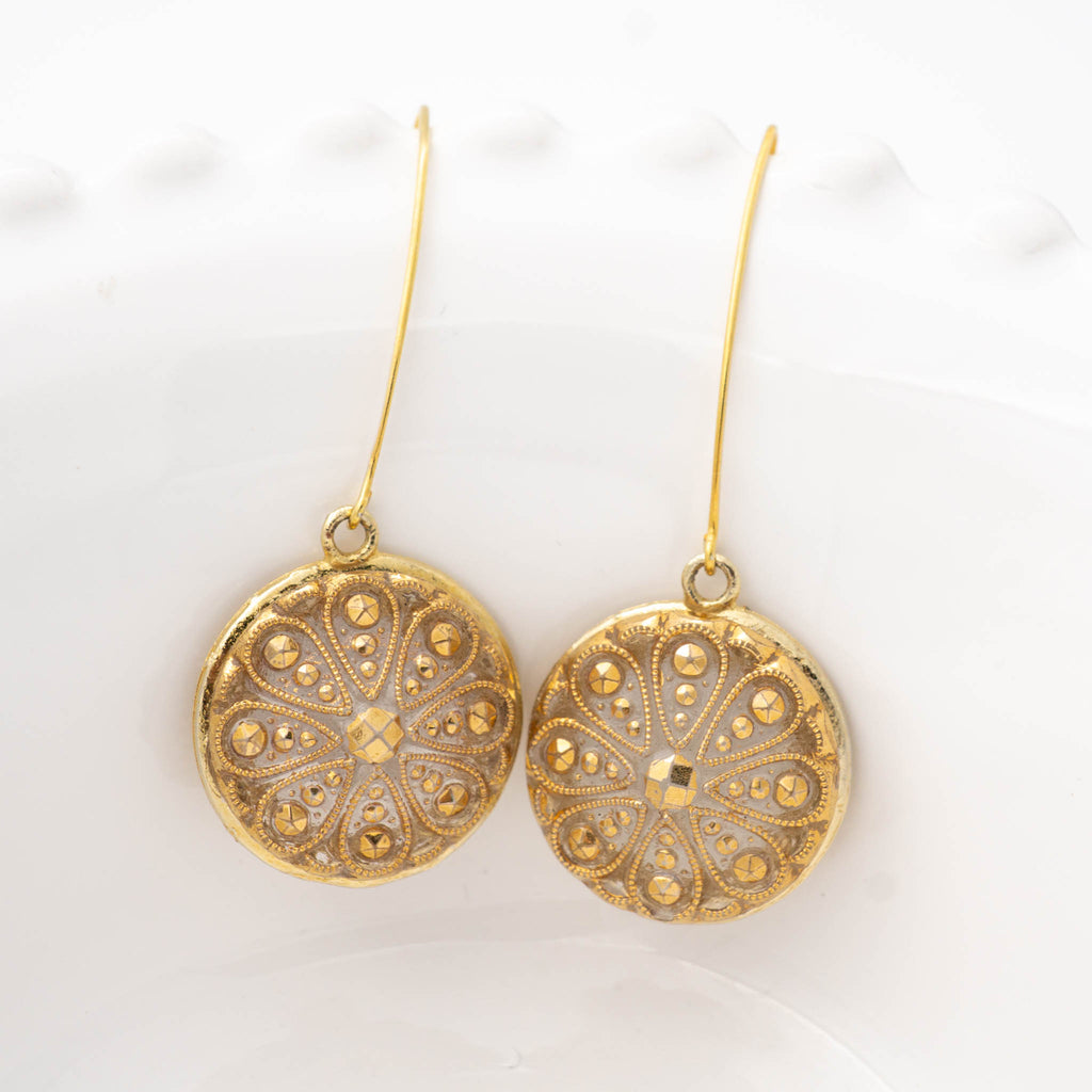 Gold Button Earrings Vintage with Long Gold Vermeil Ear Wires