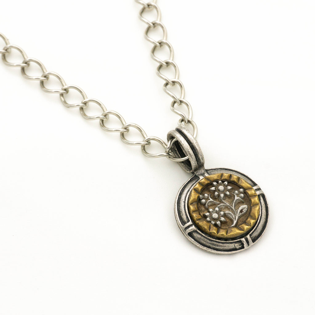 Antique Button Necklace with Floral Button and Silver Chain