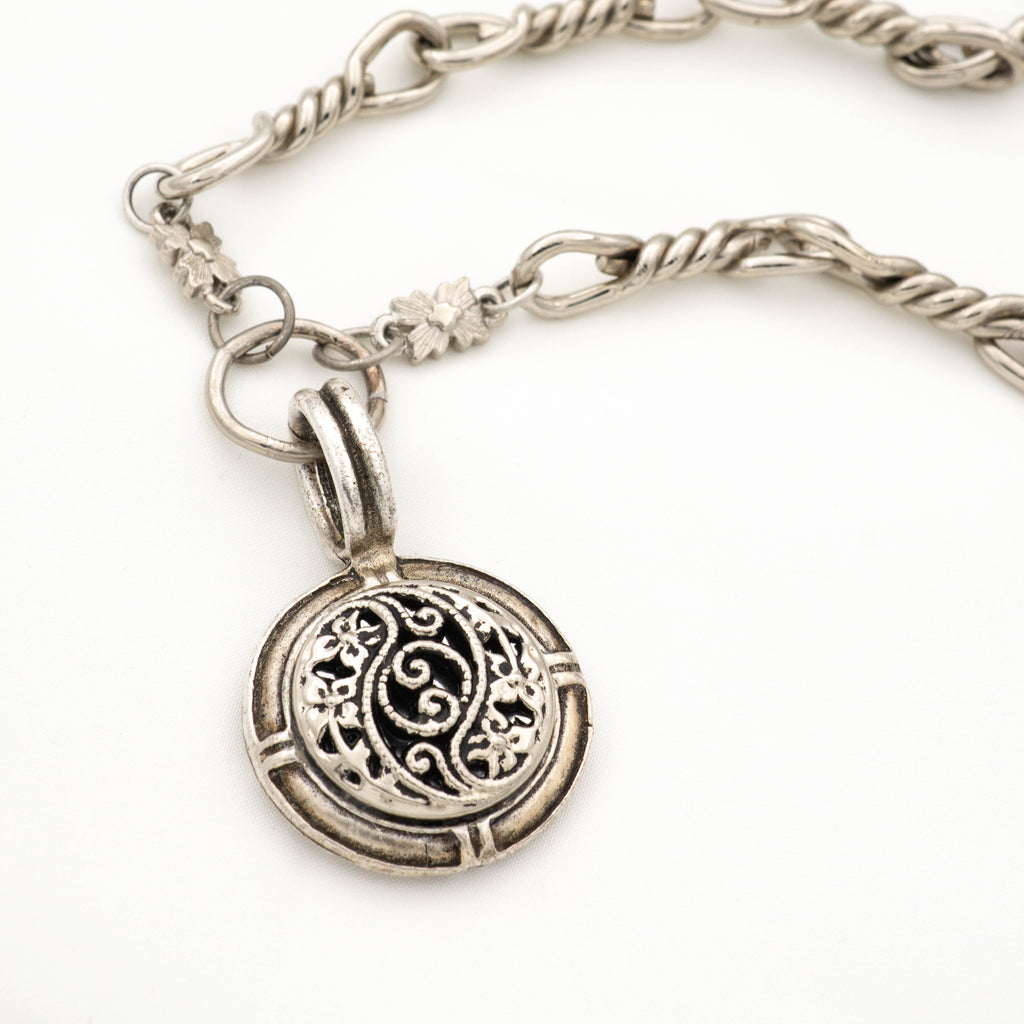 Vintage Button Jewelry / Antique Button Jewelry /  Silver Round Pendant Necklace with Chunky Chain