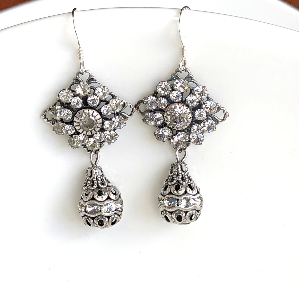 Antique Silver Swarovski Crystal Earrings with Crystal Drops