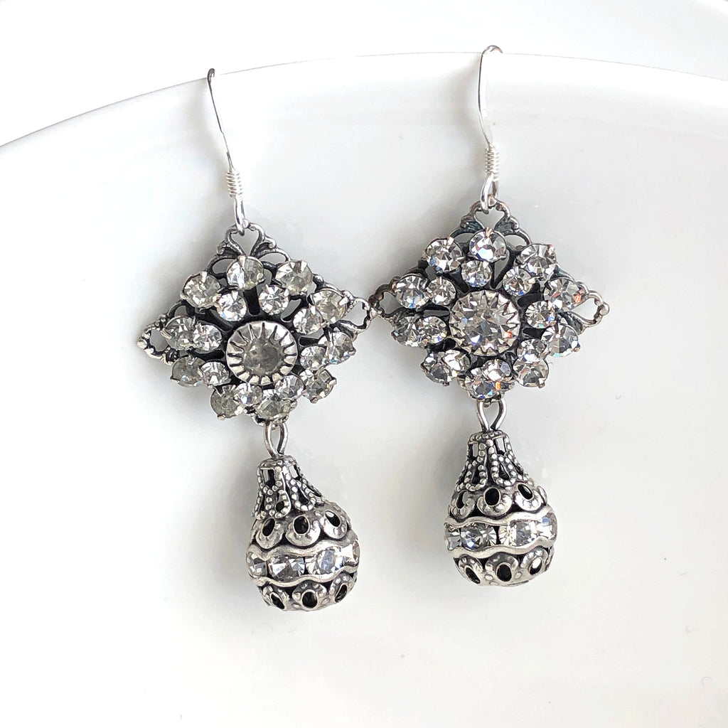 Antique Silver Swarovski Crystal Earrings with Crystal Drops