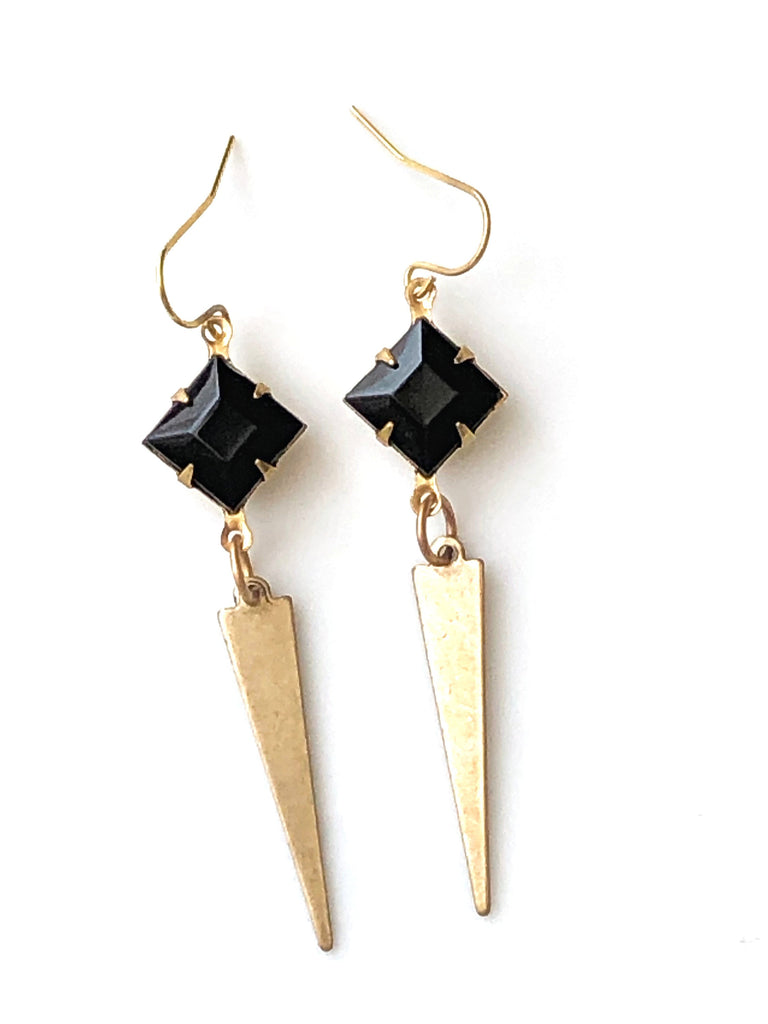 Gold Art Deco Earrings Vintage Black Crystals