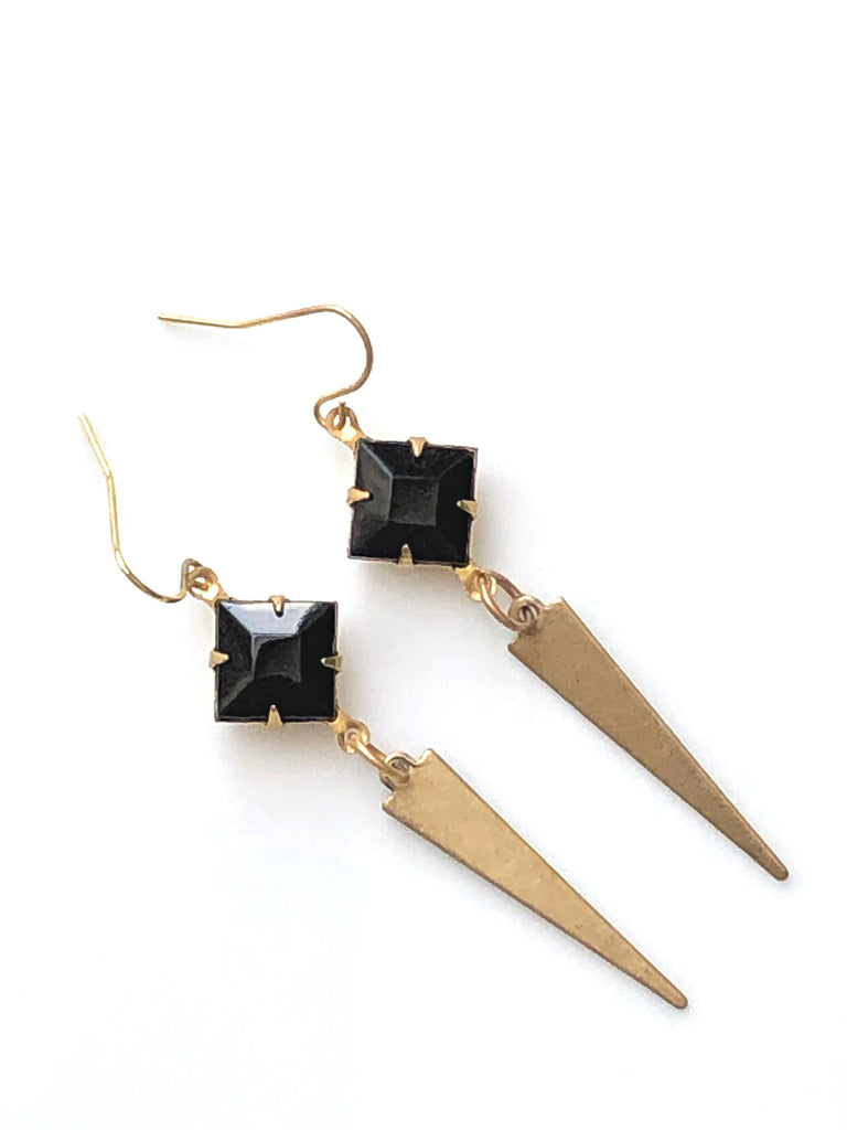 Gold Art Deco Earrings Vintage Black Crystals