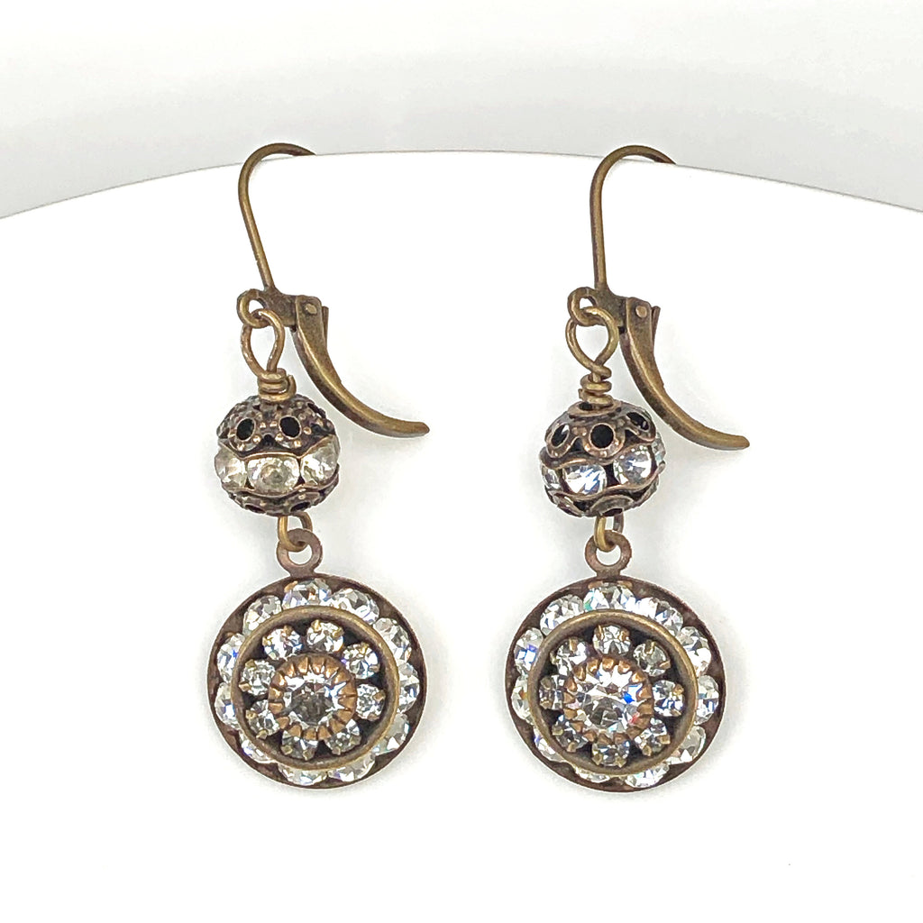 Round Art Deco Earrings in Brass, Swarovski Crystals